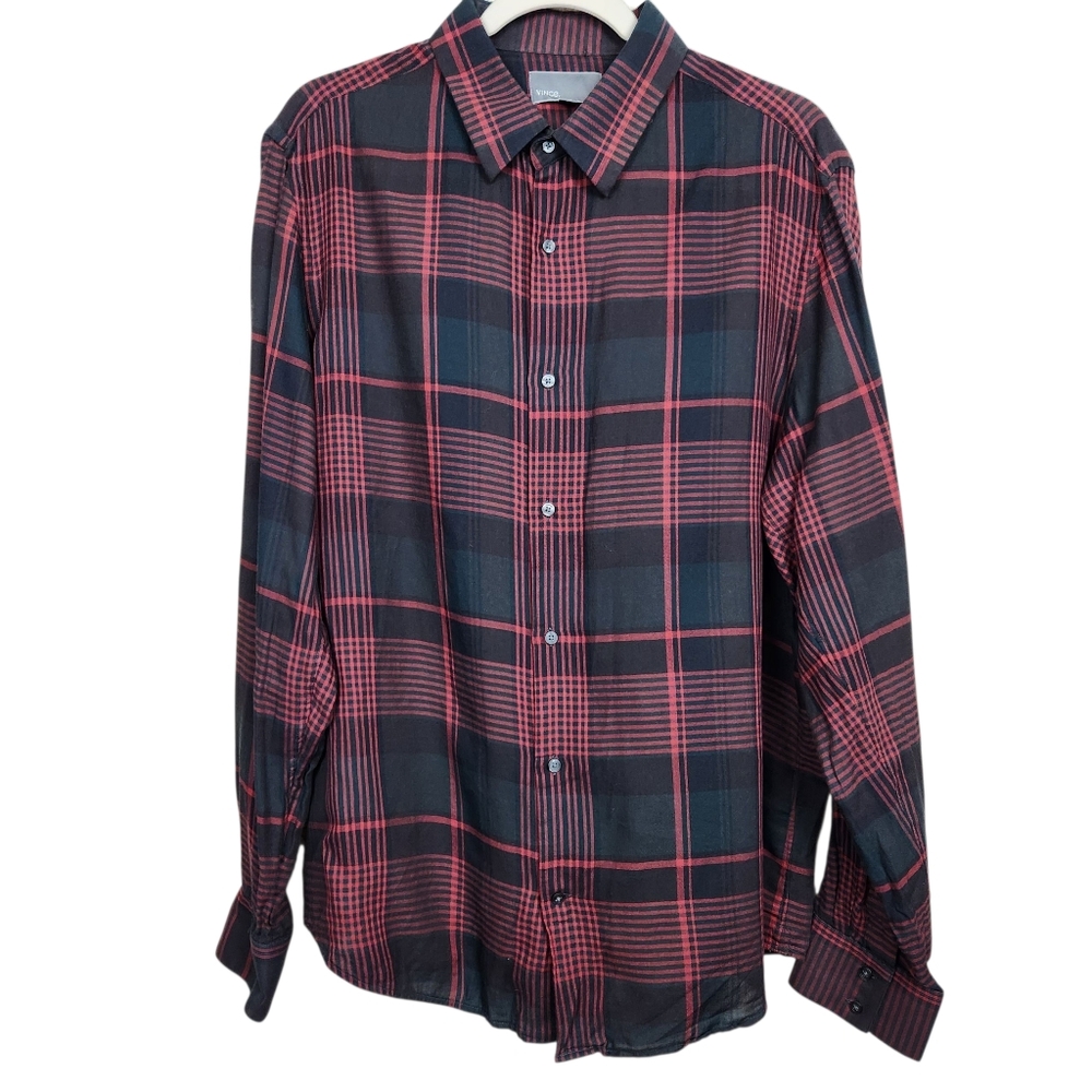 Vince Red Black Tartan Plaid Cotton Button Down Long Sleeve Shirt Mens Size XL